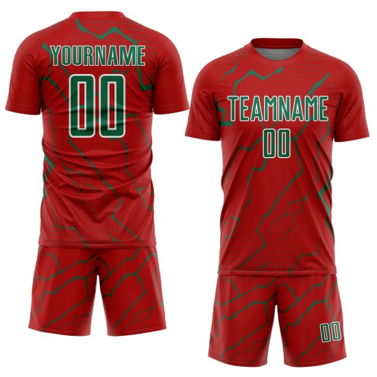 Red Sports Lightning Uniform Custom Kelly Jersey Soccer Green-White Sublimation Red Sports Lightning Uniform Custom Kelly Jersey Soccer Green-White Sublimation